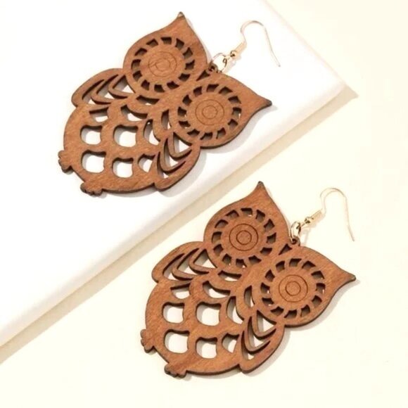 Earrings Owl Cut Wood Bohemian Hollow Dangle Boho Carved Hippie Trendy - Picture 2 of 3
